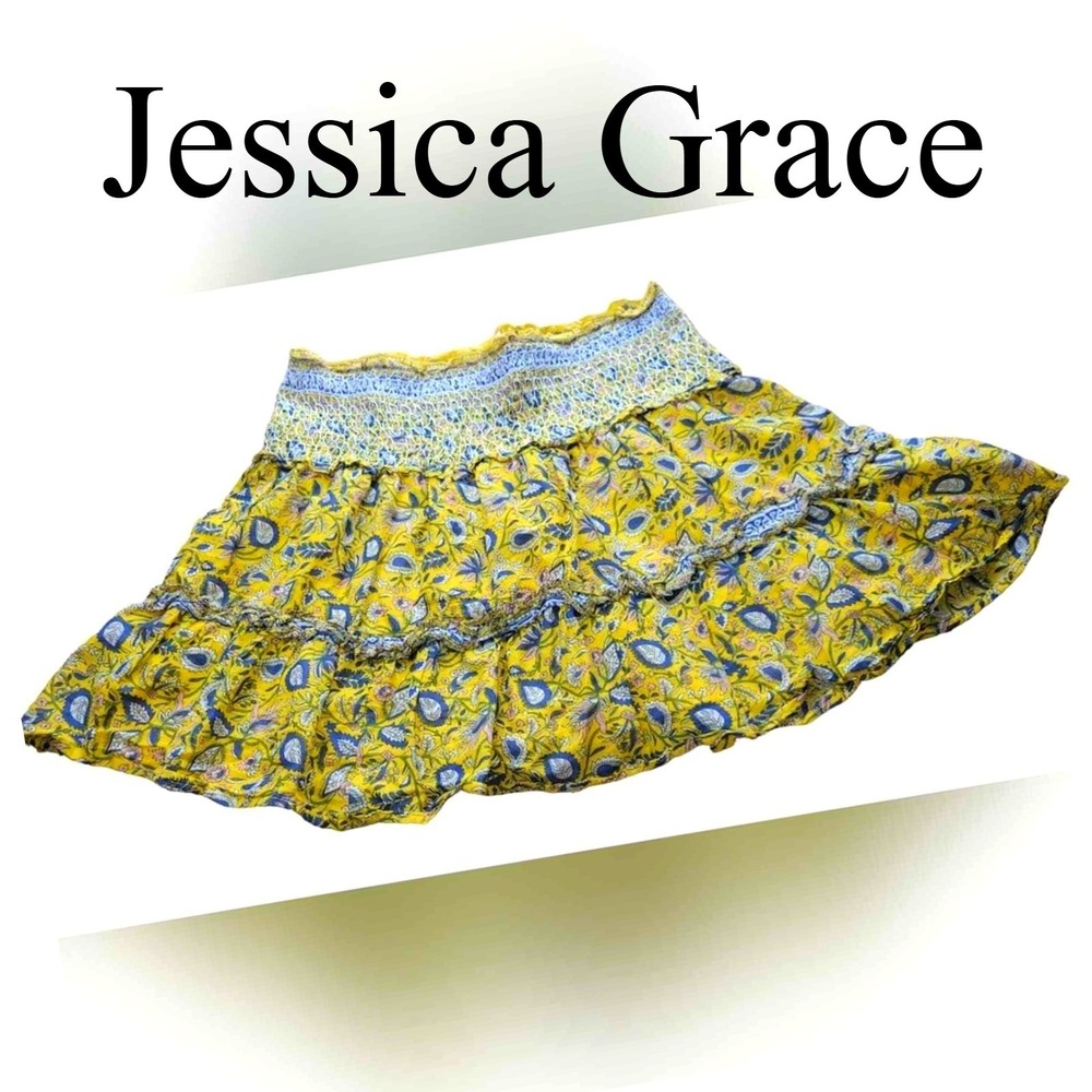 Jessica Grace‎ Skirt XL Yellow Cotton Boho Floral Paisley Smocked Mini Tiered